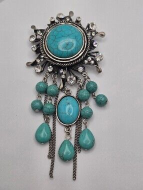 Large Antique Silver Tone Turquoise Crystal Dangle Brooch Boho Southwestern Pin